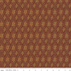 Dark reddish brown colored fabric with geometric flowers and lines in green and yellow. 
Cute Little Fabric Shop