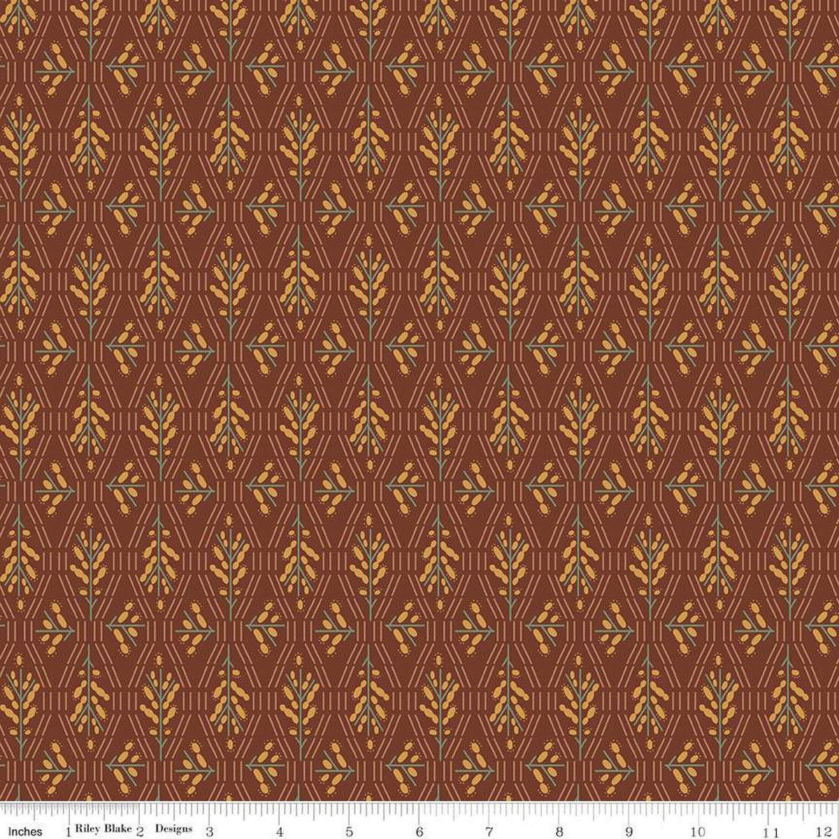 Dark reddish brown colored fabric with geometric flowers and lines in green and yellow. 
Cute Little Fabric Shop