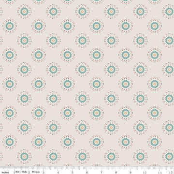 Linen, cream, sand colored quilting cotton fabrics with circular floral teal and yellow wreaths. 
Cute Little Fabric Shop