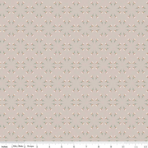 Cream, Linen, Sand colored quilting cotton fabric with clusters of scattered light pink tulips. 
Cute Little Fabric Shop