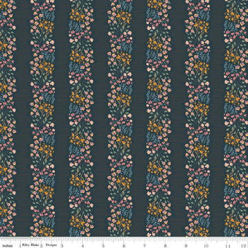 Navy, night colored quilting cotton fabrics with clusters of pink, green, blue, and yellow flowers in stripes. 
Cute Little Fabric Shop