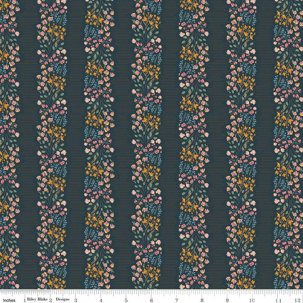 Navy, night colored quilting cotton fabrics with clusters of pink, green, blue, and yellow flowers in stripes. 
Cute Little Fabric Shop