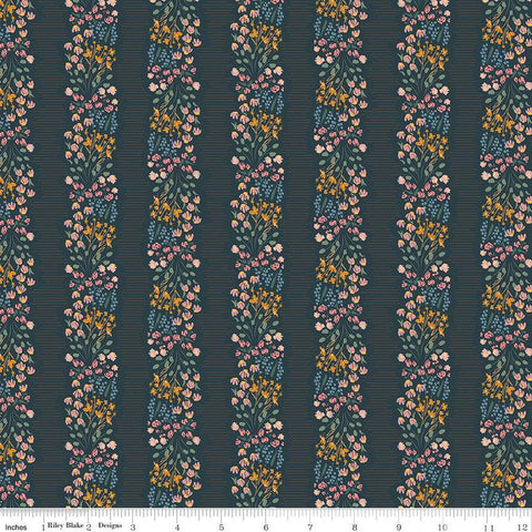 Navy, night colored quilting cotton fabrics with clusters of pink, green, blue, and yellow flowers in stripes. 
Cute Little Fabric Shop