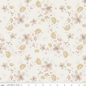 Cream quilting cotton fabric with scattered cream, yellow, and orange flowers. 
Cute Little Fabric Shop