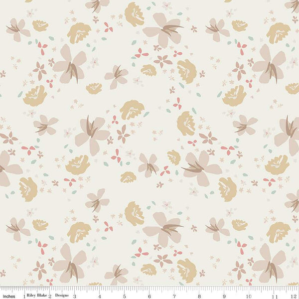 Cream quilting cotton fabric with scattered cream, yellow, and orange flowers. 
Cute Little Fabric Shop