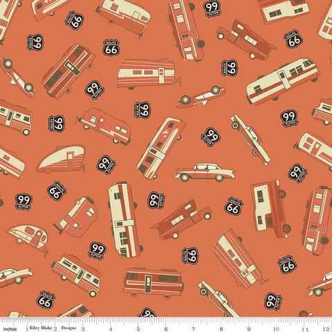 Orange colored fabric with vintage orange and cream colored vehicles and Route 66 signs.
Cute Little Fabric Shop