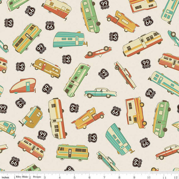 Cream, tan colored fabric with vintage orange, teal, green, and yellow vehicles and Route 66 signs.
Cute Little Fabric Shop