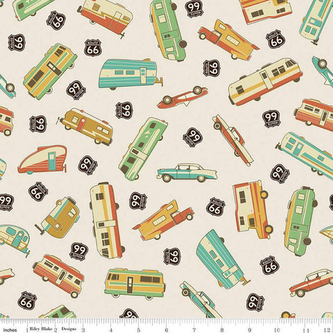 Cream, tan colored fabric with vintage orange, teal, green, and yellow vehicles and Route 66 signs.
Cute Little Fabric Shop