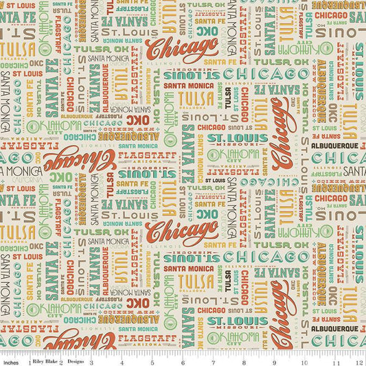 Cream, tan quilting cotton fabric with text icons of locations found on Route 66: Chicago, St. Louis, Santa Fe, Tulsa, Oklahoma, etc. 
Cute Little Fabric Shop