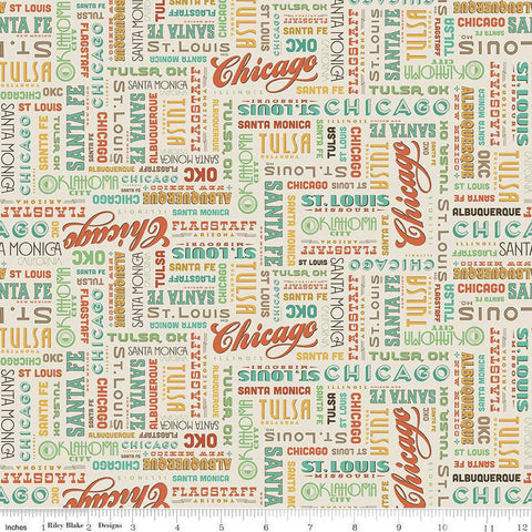 Cream, tan quilting cotton fabric with text icons of locations found on Route 66: Chicago, St. Louis, Santa Fe, Tulsa, Oklahoma, etc. 
Cute Little Fabric Shop