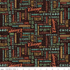 Black quilting cotton fabric with text icons of locations found on Route 66: Chicago, St. Louis, Santa Fe, Tulsa, Oklahoma, etc. 
Cute Little Fabric Shop
