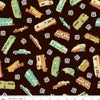 Black, dark brown colored fabric with vintage orange, teal, green, and yellow vehicles and Route 66 signs.
Cute Little Fabric Shop