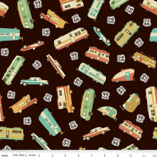Black, dark brown colored fabric with vintage orange, teal, green, and yellow vehicles and Route 66 signs.
Cute Little Fabric Shop