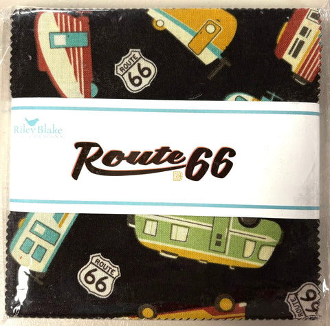 Picture of the Route 66 5&quot; stacker, with the main black fabric featuring vintage vehicles scattered with Route 66 road signs. 
Cute Little Fabric Shop