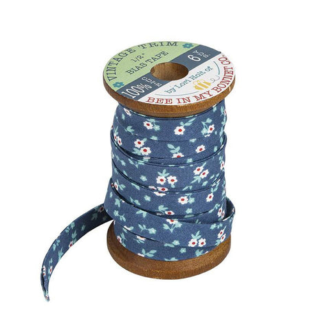 SALE Lori Holt 1/2" Double Fold Cook Book Bias Tape ST-24569 Denim Blossom - Riley Blake Designs - 6 Yards on Wood Spool