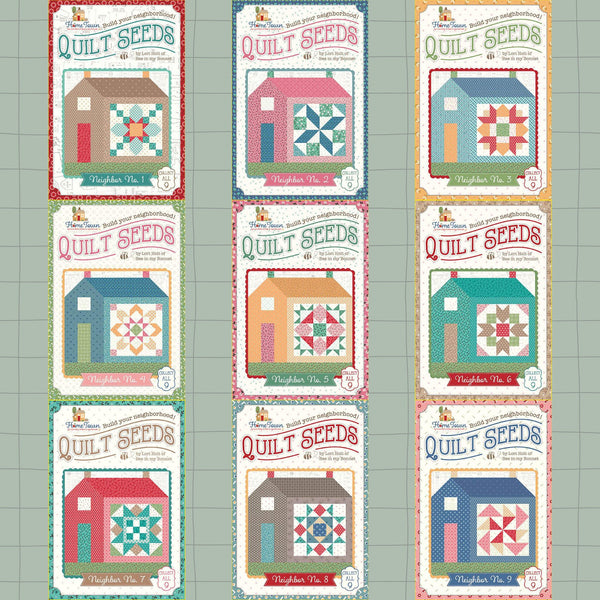 Collage of Riley Blake quilt seeds Home Town patterns. Depicts all nine patterns in a collage with a sage background. 
Cute Little Fabric Shop