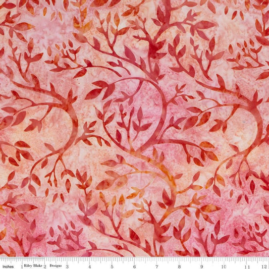 18" End of Bolt - DEAL Batiks Expressions BTPT1065 Salmon Pink Leaf Leaves Plants Fabric - Riley Blake Quilting Cotton Fabric