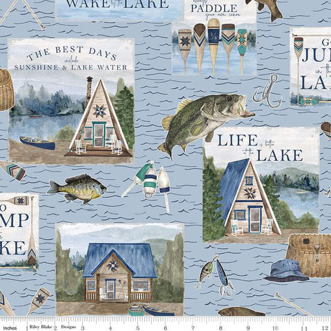 Sky blue colored quilting cotton fabric featuring Riley Blake Wake at the Lake fabric. This fabric includes large icons of oars, fish, cabins, hats, and bait. 
Cute Little Fabric Shop