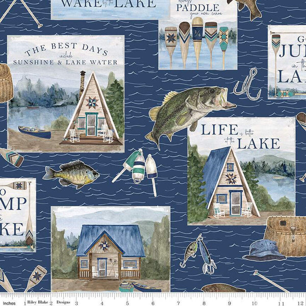 Navy blue quilting cotton fabric with Riley Blake Wake at the Lake fabric. Features large icons of cabins, fish, hats, bait, and hooks.
Cute Little Fabric Shop