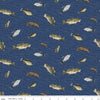 Navy blue colored quilting cotton fabric. Riley Blake Designs Wake at the Lake featuring scattered fish on a dark blue background. 
Cute Little Fabric Shop
