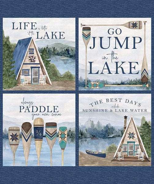 Pillow panel from Riley Blake Designs Wake at the Lake. This features four scenes: cabin, oars, paddles, and cabin +canoe. Background is navy. 
Cute Little Fabric Shop