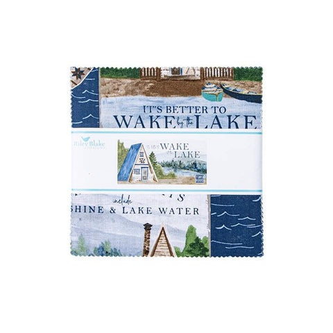 5 inch stacker from Riley Blake Design for the Wake at the Lake collection. Pictures the stacker with the main fabric on the front. 
Cute Little Fabric Shop.