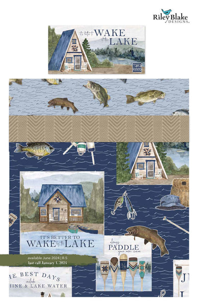 Image of the storyboard for Wake at the Lake by Riley Blake Designs. Storyboard features some images from the collection, including the main navy fabric with fish, hats, bait, and more.