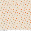 Image of ivory, cream colored quilting cotton fabric for the Pumpkin Spice collection by Riley Blake Designs. Features scattered and tossed orange, yellow, and green pumpkins on the olive background. 
Cute Little Fabric Shop