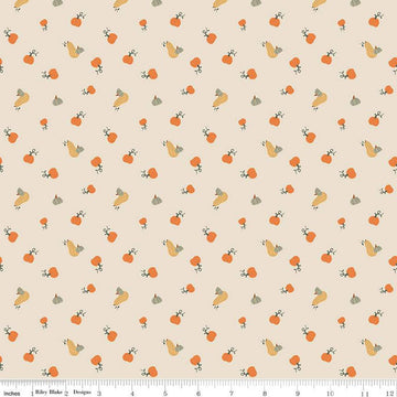 Image of ivory, cream colored quilting cotton fabric for the Pumpkin Spice collection by Riley Blake Designs. Features scattered and tossed orange, yellow, and green pumpkins on the olive background. 
Cute Little Fabric Shop