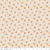 Image of ivory, cream colored quilting cotton fabric for the Pumpkin Spice collection by Riley Blake Designs. Features scattered and tossed orange, yellow, and green pumpkins on the olive background. 
Cute Little Fabric Shop