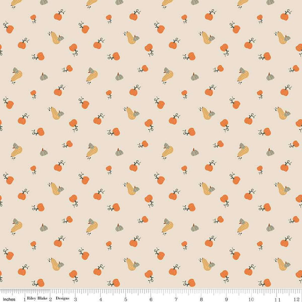 Image of ivory, cream colored quilting cotton fabric for the Pumpkin Spice collection by Riley Blake Designs. Features scattered and tossed orange, yellow, and green pumpkins on the olive background. 
Cute Little Fabric Shop