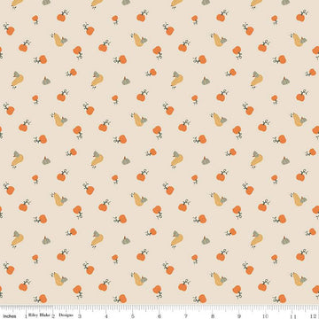 Image of ivory, cream colored quilting cotton fabric for the Pumpkin Spice collection by Riley Blake Designs. Features scattered and tossed orange, yellow, and green pumpkins on the olive background. 
Cute Little Fabric Shop