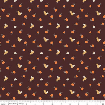 Image of espresso brown colored quilting cotton fabric for the Pumpkin Spice collection by Riley Blake Designs. Features scattered and tossed orange, yellow, and cream pumpkins on the espresso background. 
Cute Little Fabric Shop