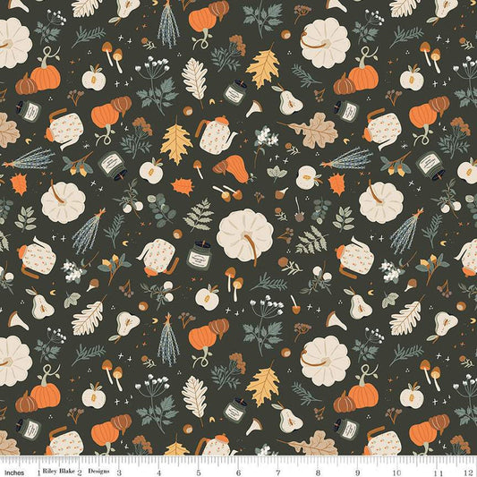 Image of dark green colored quilting cotton fabric for the Pumpkin Spice collection by Riley Blake Designs. Features scattered pumpkins, flowers, and apples, mushrooms, leaves, and candles on the dark green background. 
Cute Little Fabric Shop