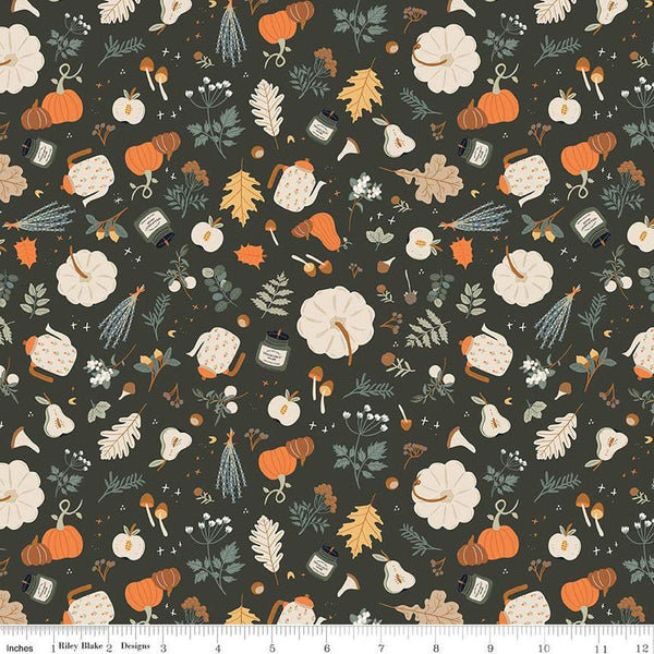 Image of dark green colored quilting cotton fabric for the Pumpkin Spice collection by Riley Blake Designs. Features scattered pumpkins, flowers, and apples, mushrooms, leaves, and candles on the dark green background. 
Cute Little Fabric Shop