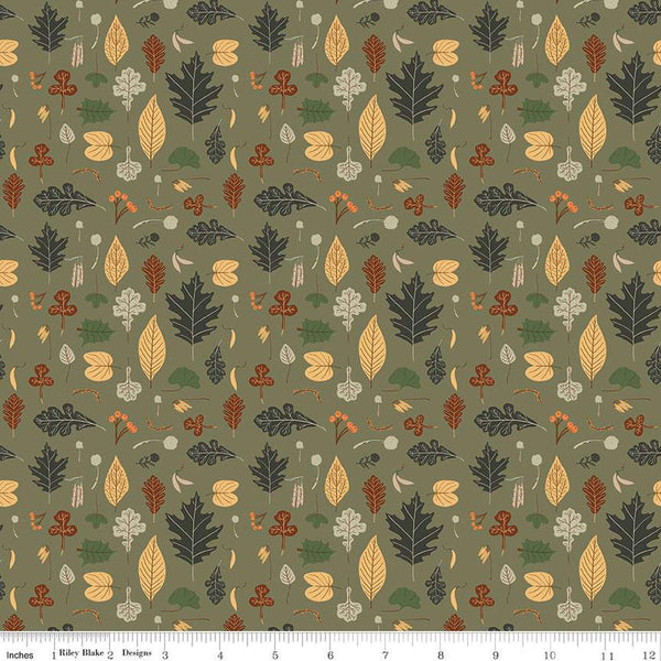 Image of green colored quilting cotton fabric for the Pumpkin Spice collection by Riley Blake Designs. Features scattered various leaves on an olive background. 
Cute Little Fabric Shop