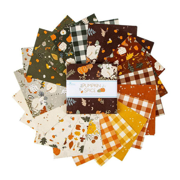 Image of the 5 inch stacker from the Pumpkin Spice collection by Riley Blake Designs. Depicts the main brown fabric on the front with the fabrics scattered in a circle around it.
Cute Little Fabric Shop