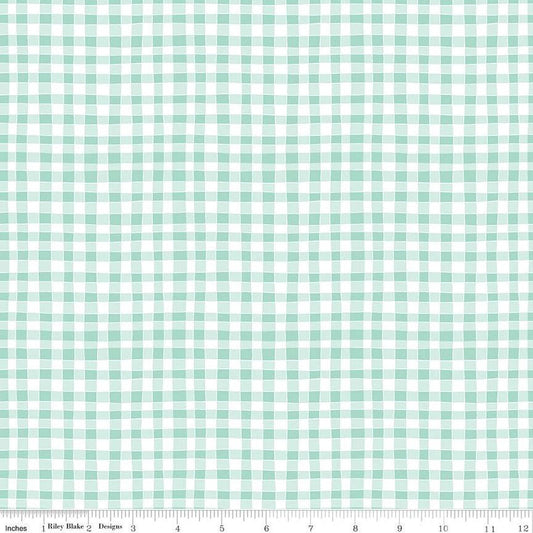 Clover Farm from Riley Blake Designs. Image depicts irregular mint green gingham stripes. Quilting cotton fabric. 
Cute Little Fabric Shop