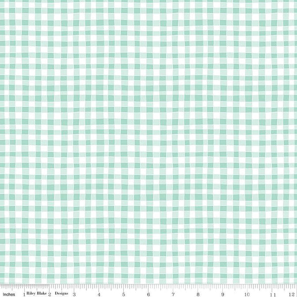 Clover Farm from Riley Blake Designs. Image depicts irregular mint green gingham stripes. Quilting cotton fabric. 
Cute Little Fabric Shop