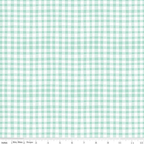 Clover Farm from Riley Blake Designs. Image depicts irregular mint green gingham stripes. Quilting cotton fabric. 
Cute Little Fabric Shop