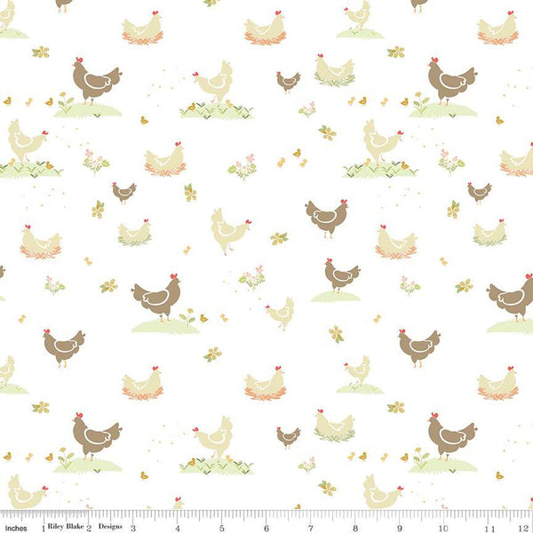 Clover Farm from Riley Blake Designs. Image depicts flowers and chickens scattered on a white background. Quilting cotton fabric. 
Cute Little Fabric Shop