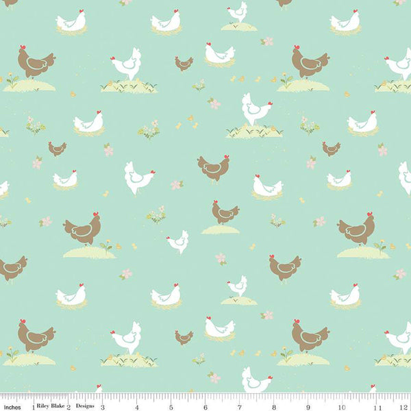 Clover Farm from Riley Blake Designs. Image depicts flowers and chickens scattered on a mint background. Quilting cotton fabric. 
Cute Little Fabric Shop