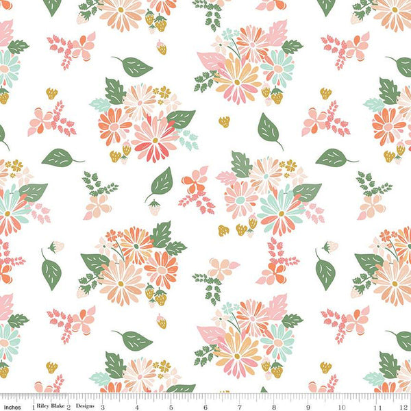 Clover Farm from Riley Blake Designs. Image depicts flowers and strawberry clusters scattered on a white background. Quilting cotton fabric. 
Cute Little Fabric Shop