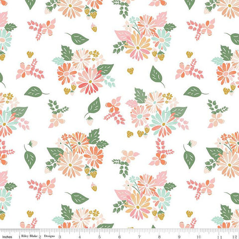 Clover Farm from Riley Blake Designs. Image depicts flowers and strawberry clusters scattered on a white background. Quilting cotton fabric. 
Cute Little Fabric Shop