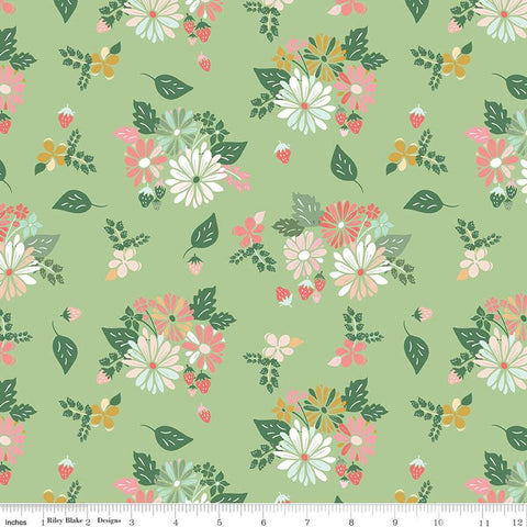 Clover Farm from Riley Blake Designs. Image depicts flowers and strawberry clusters scattered on a green background. Quilting cotton fabric. 
Cute Little Fabric Shop