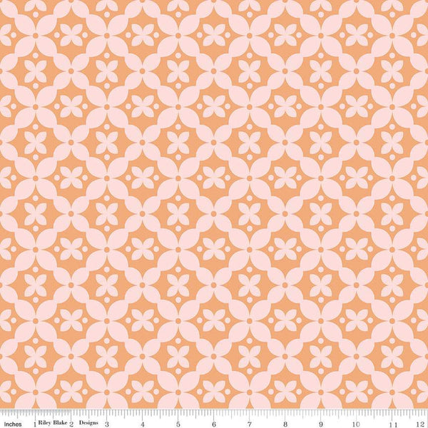 Clover Farm from Riley Blake Designs. Image depicts tiled medallion flowers scattered on an orange background. Quilting cotton fabric. 
Cute Little Fabric Shop