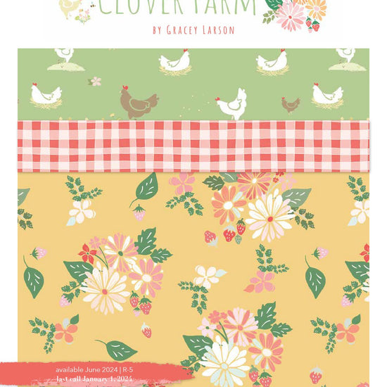 Image of the Clover Farm storyboard from Riley Blake Designs. Depicts a fabric with flowers and strawberries on a yellow background.