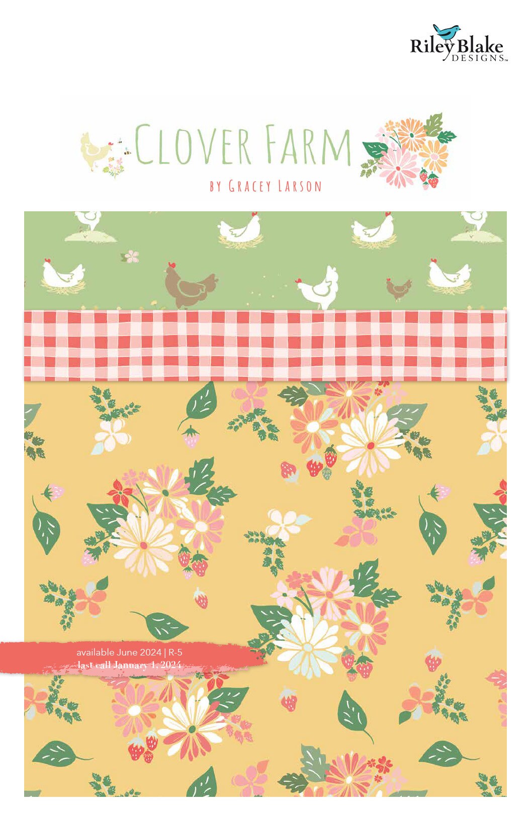 Image of the Clover Farm storyboard from Riley Blake Designs. Depicts a fabric with flowers and strawberries on a yellow background.