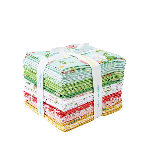 Image of fat quarter bundle from the Clover Farm by Riley Blake Designs. The main aqua fabric with flowers and strawberries is depicted. The fabric is quilting cotton fabric. 
Cute Little Fabric Shop