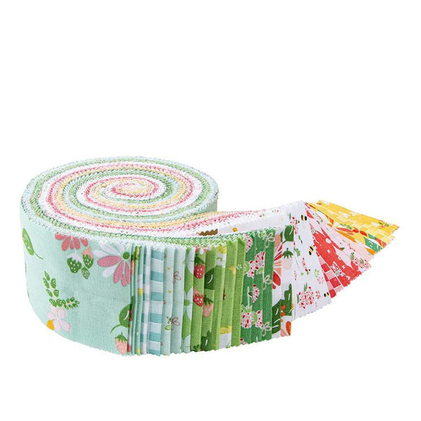 Image of rolie polie from the Clover Farm by Riley Blake Designs. The main aqua fabric with flowers and strawberries is depicted. The fabric is quilting cotton fabric. 
Cute Little Fabric Shop